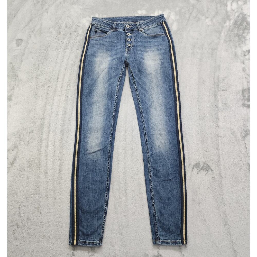 Six Denim Jeans Womens M Blue Exposed Button Fly Side Stripe Skinny Stretch